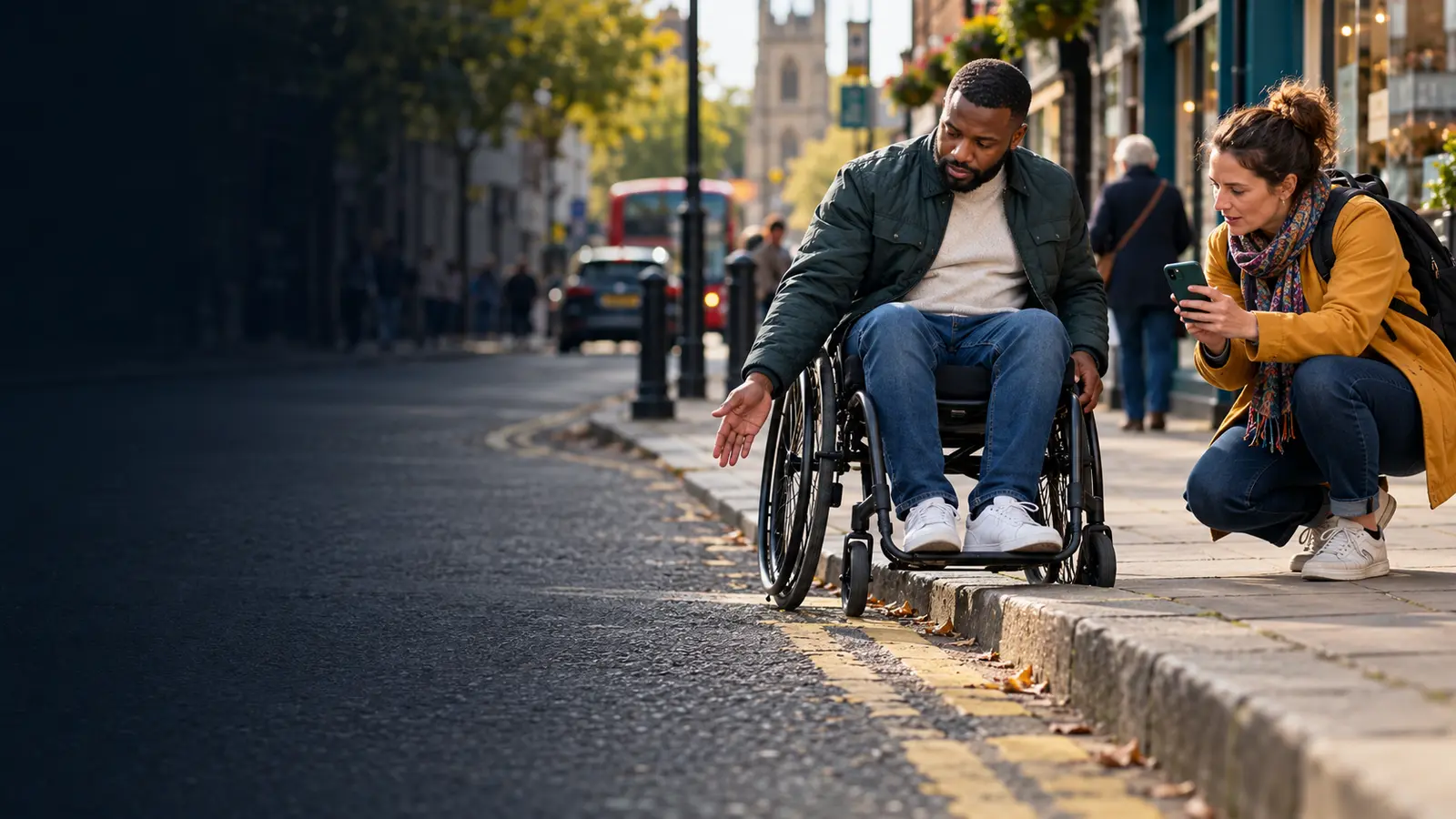 A wheelchair user and a volunteer on a British residential street