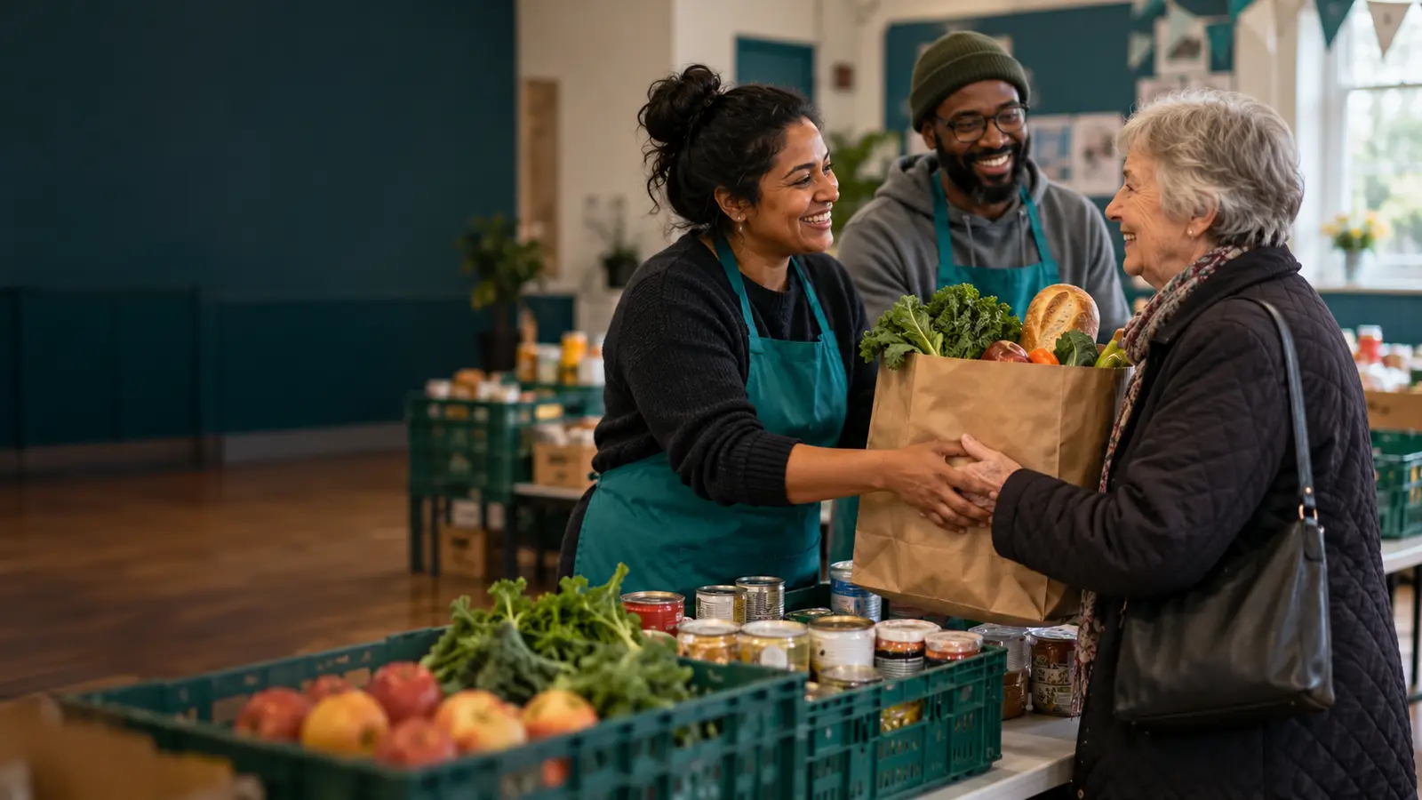 Volunteers and residents working together at a community food hub