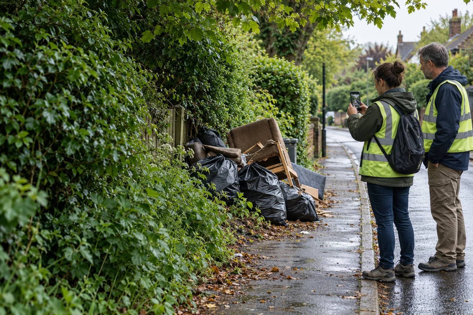 Volunteers safely documenting dumped rubbish beside a public path