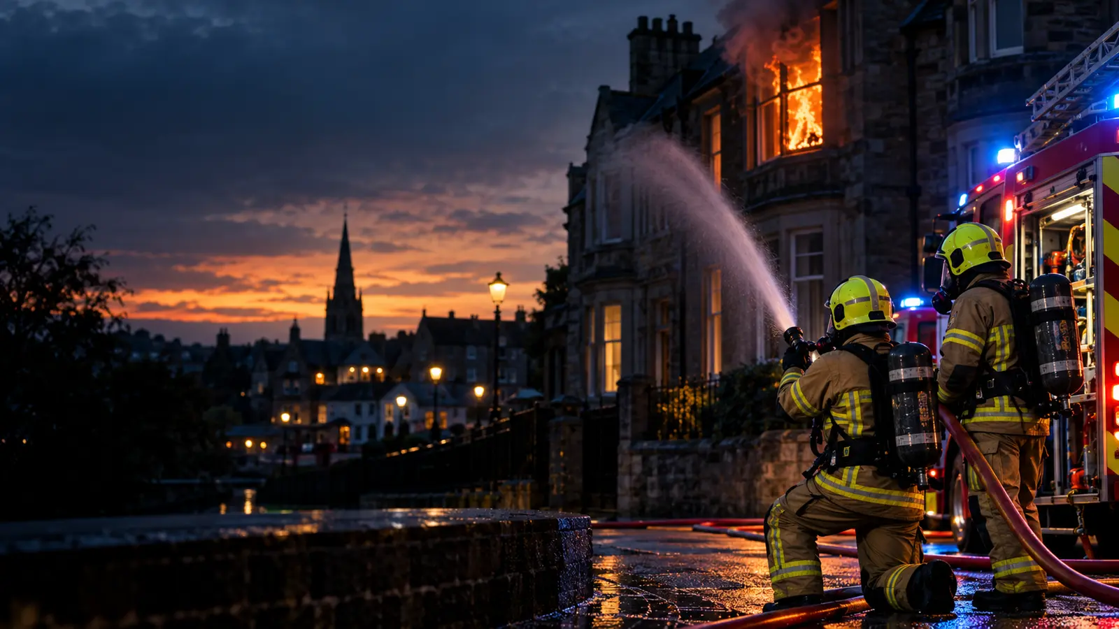 Firefighters responding to a building fire at dusk