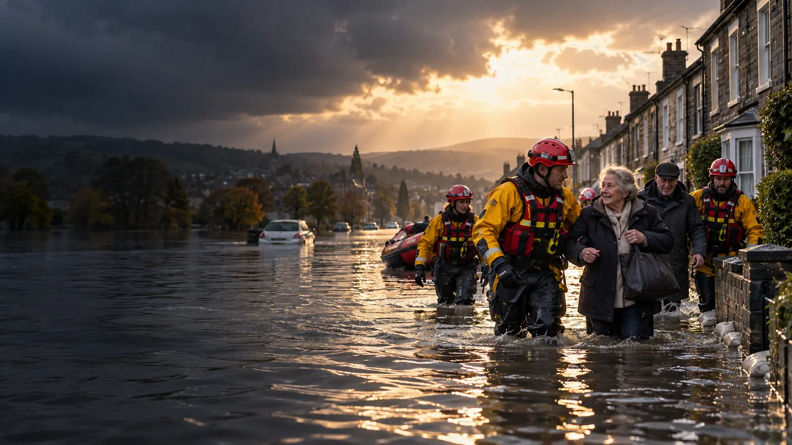 Trained rescue workers helping a community on a flooded British street