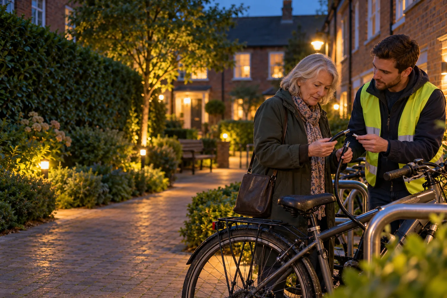 A resident and a community volunteer discussing a broken bicycle lock
