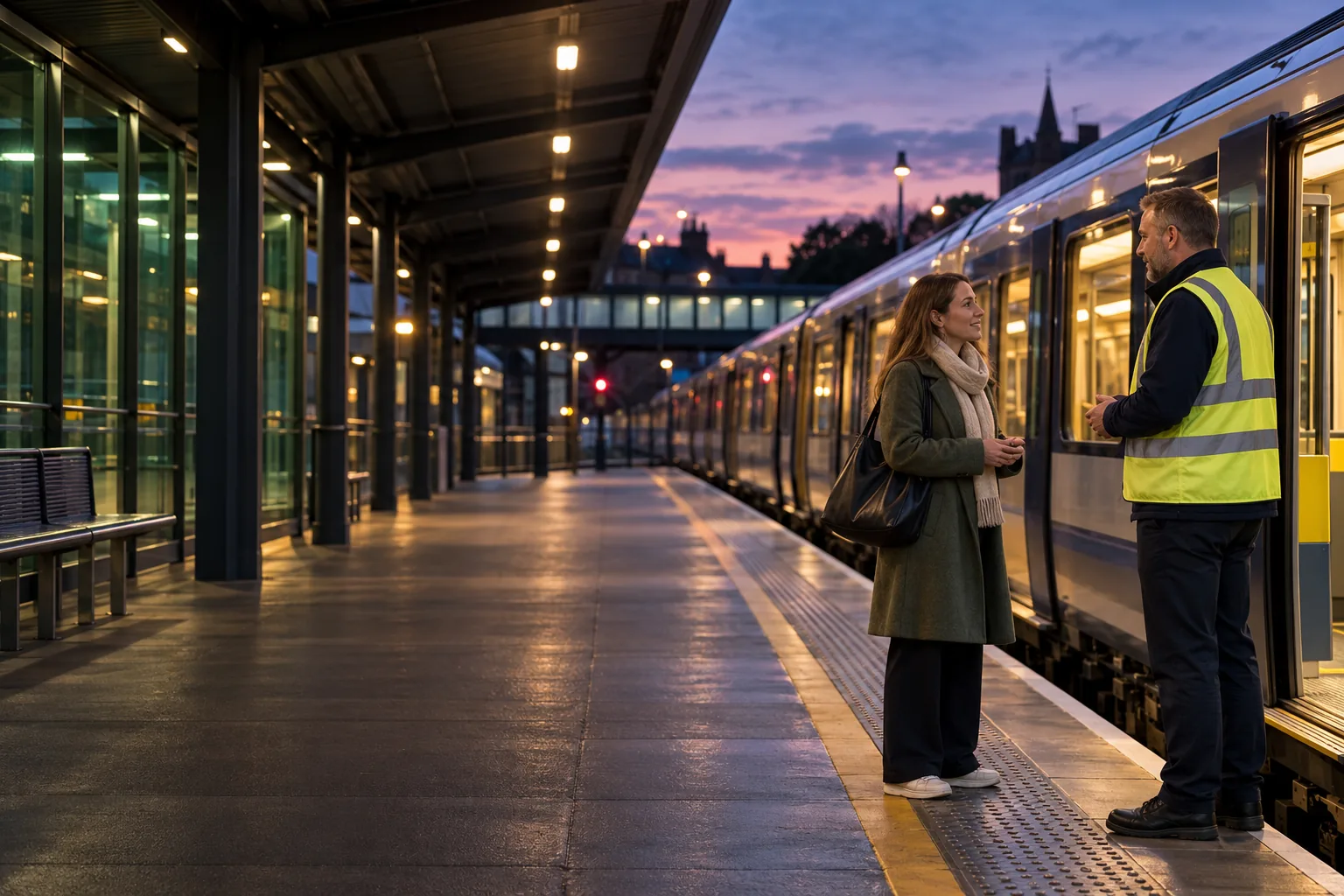 A passenger speaking with a staff member beside a train at a British station