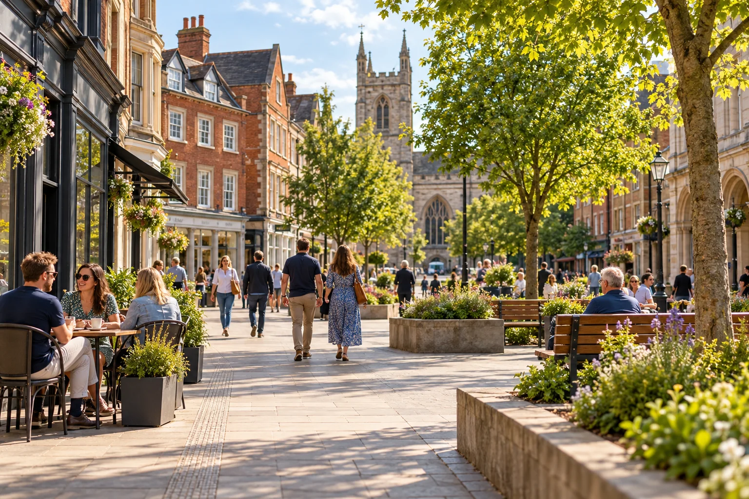 Pedestrians using a British town centre street and public footpath